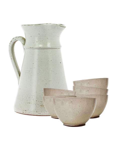Service à cidre en grès blanc Poterie Turgis (6 bolées + 1 broc)